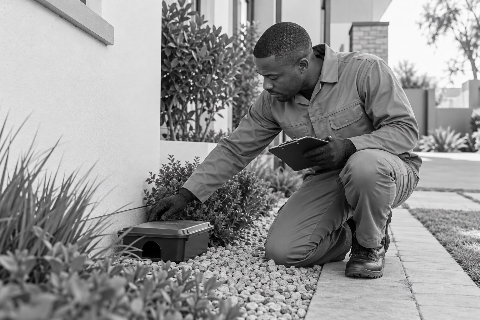 Pest control technician inspecting a bait station outside a home