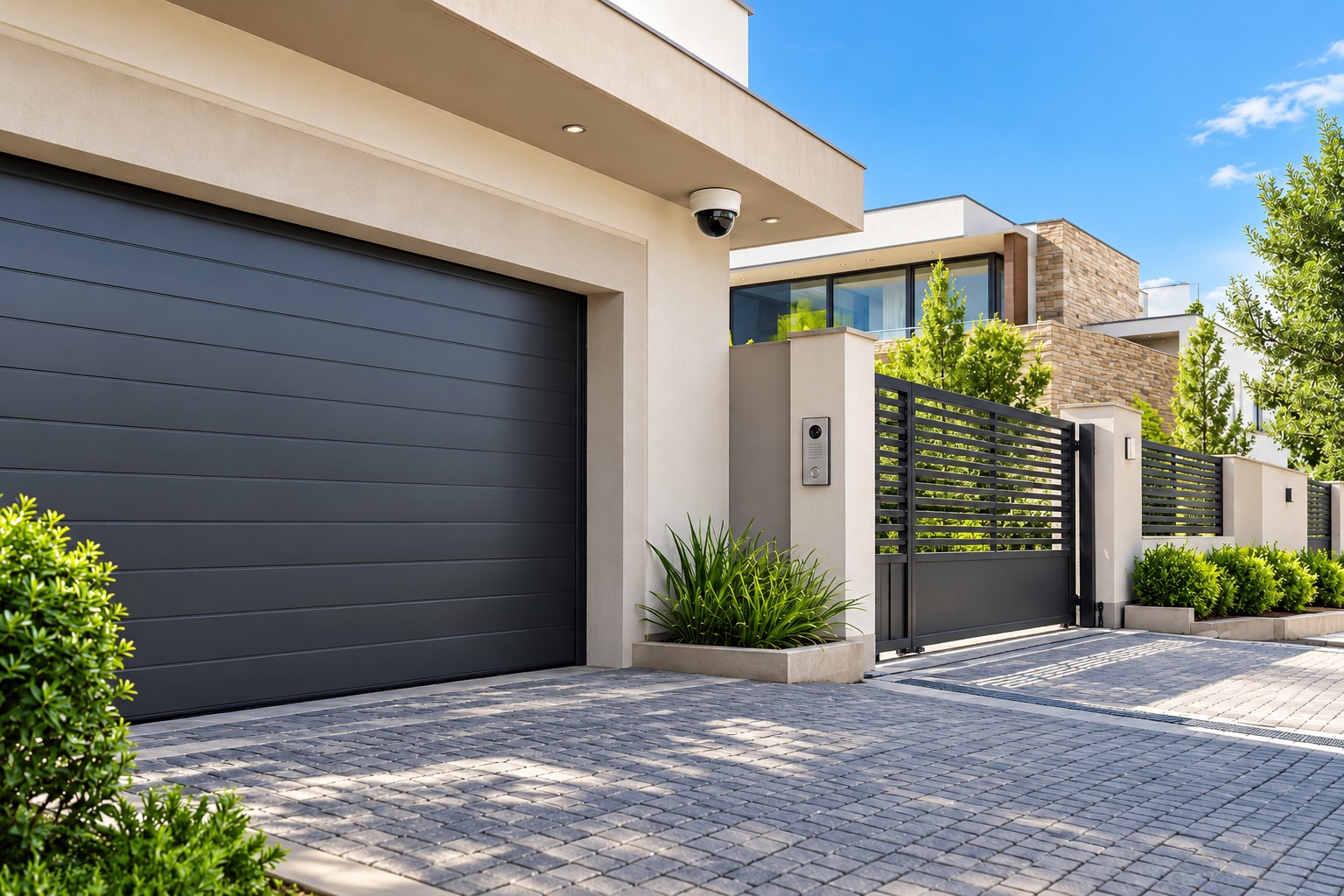 Garage door, CCTV camera and access intercom at a residential entrance